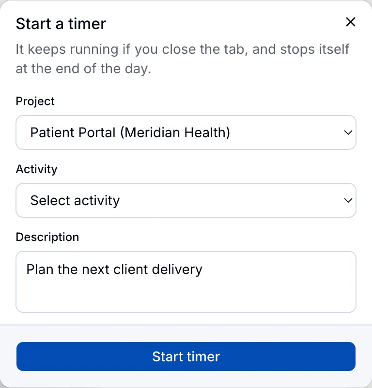 Donedory Start a timer form with project, activity, and description fields.